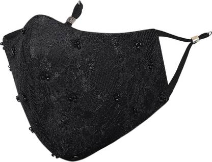 MASQ Anti-Pollution, Anti-Bacterial (BFE>99%) 4 Layer Embroidered, Designer, Fashionable & Protective Nylon Cloth Face Mask Combo for Women, Girls with Detachable Chain, Size Adjustable Ear Loops & Mask Bag Beaded_Black_Medium_01 Reusable, Washable Cloth Mask
