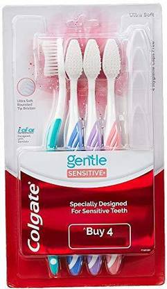 Colgate Sensitive Soft Bristles Toothbrush - 4 Pcs with 4 Hygiene Caps Ultra Soft Toothbrush