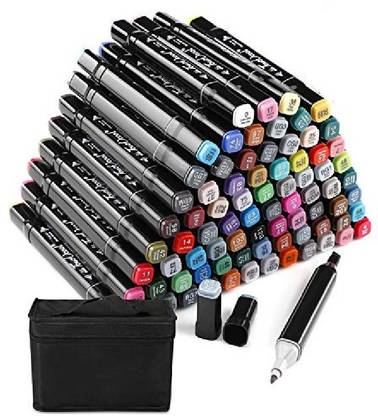 KNAFS Imported Colours Dual Touch Twin Markers Pen One Side and Flat Nib On Other End For Art Comic Designing Pen With BOX - Set Of (80) - B