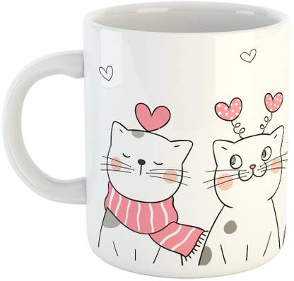 FABTODAY Cat with Little Hearts Ceramic Coffee - Best Gift for Husband, Boyfriend, Girlfriend, Wife, Valentine Day Gift - Color - White (0942) Ceramic Coffee Mug