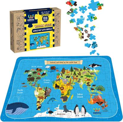 Webby World Map with Animals Wooden Jigsaw Puzzle, 108 pieces