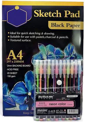 Definite Keep Smiling Acid Free Black Paper Sketch Pad A4 20 Sheets (150 GSM) with Neon Pastel Gel Pens (12 Colors) for Sketching Painting Drawing