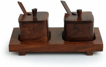 FAMOUS STORE Wood Serving Squares' Decorative Wooden Jars Mukhwas Container Kitchen Storage Boxes Mukhwas Tray Set & Saunf Container Set Refreshment Jars with Tray & Spoon (65 ML, Dark Brown) Bowl, Spoon, Plate Serving Set