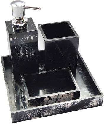 Tranquil Square Bathroom Accessory Set | Black Marble Design Soap Holder, Dispenser, Tumbler and Tray Set of 4 PP (Polypropylene) Bathroom Set