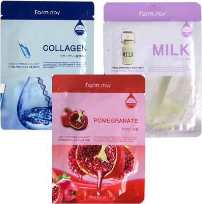 Farmstay Visible Difference Mask Sheet Collagen, Milk & Pomegranate Each 23ml Pack of 3