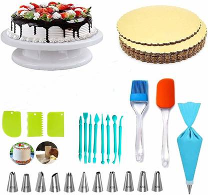 RAJJA Cake Turn table, 12 PC Cake Decorating Nozzle, 3ps Scrapers, 8pc Fondant Tools, Spatula and Pastry Brush, Cake Board (5 Piece) Kitchen Tool Set