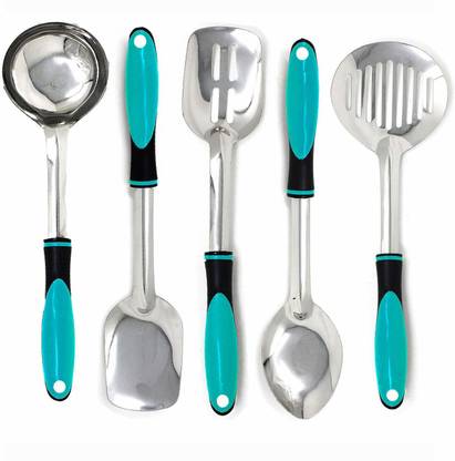Jack Sparrow Stainless Steel Serving and Cooking Spoons Set of 5 pc Combo(1 of Slotted Turner, 1 of Ladle, 1 of Skimmer, 1 of Serving Big Spoon, 1 of Flex Turner Stainless Steel Serving and Cooking Spoons Set of 5 pc Combo(1 of Slotted Turner, 1 of Ladle, 1 of Skimmer, 1 of Serving Big Spoon, 1 of Flex Turner Multicolor Kitchen Tool Set (sky-blue) Kitchen Tool Set