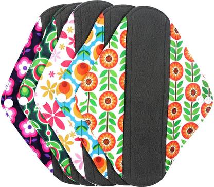 Wegreeco Bamboo Reusable Sanitary Pads (Stylish Pattern) - Cloth Sanitary Pads | Light Incontinence Pads | Reusable Menstrual Pads - 5 Pack Pads, 1 Cloth Mini Wet Bag (Large, Flower) Sanitary Pad