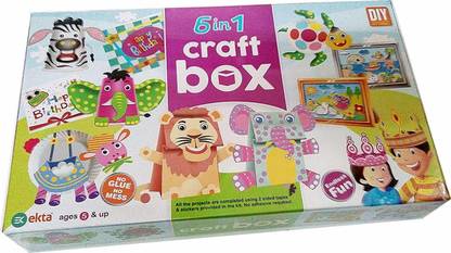 Ekta Toys 6 in 1 Craft box | 2 Paper cup puppets*2 paper Bags Puppet*2 Picture Crafting*2 Paper plates puppets*2 Crowns*2 Greeting Cards | Do it yourself | For 5 & Up age