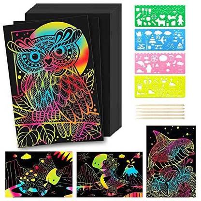 OJYUDD Scratch Paper Art Set,48 Pcs Rainbow Scratch Paper for Kids,Scratch Art Paper,Magic Scratch Off Paper Art with 4 Stencil
