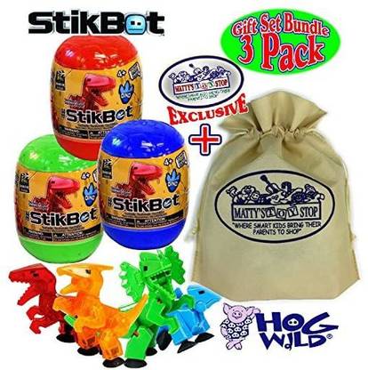 Hog Wild StikBot Dinosaur (Dino) Mystery Egg Figures Gift Set Bundle with Exclusive Matty's Toy Stop Storage Bag - 3 Pack (Assort
