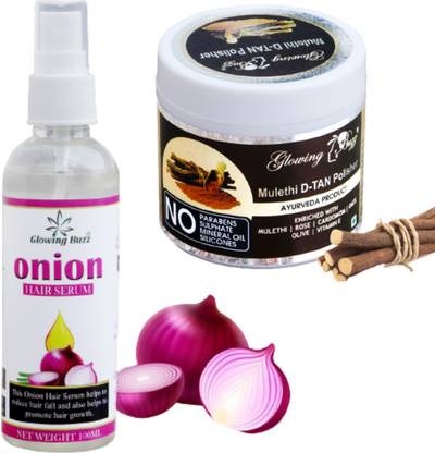 Glowing Buzz Mulethi D-Tan Polisher Face Scrub For Dry Skin and Onion Hair Serum for Dandruff, Hair Fall Control