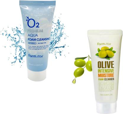 Farmstay O2 Premium Aqua Foam Cleansing 100ml & Olive Intensive Moisture Foam Cleanser 100ml Pack of 2