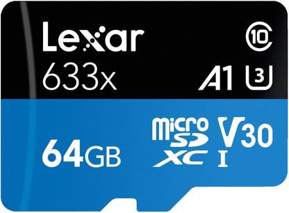 Lexar microSDXC 633x 64GB UHS-I Card w/SD Adapter 633x 64 GB MicroSD Card Class 10 95 MB/s  Memory Card Compatible with Mobile