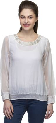 One Femme Casual Full Sleeve Embellished Women White Top