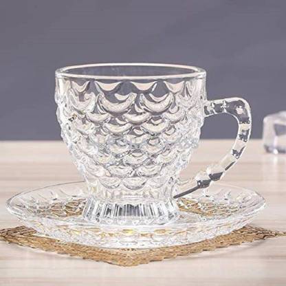 WHOLESALE BAY Pack of 6 Glass (3 Cups + 3 Saucers) Crystal Clear Bubble glass Tea & Coffee Cups