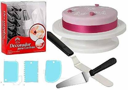 RAJJA Cake Combo of Cake Making Turn Table 7 inch 2 Stainless Steel Spatula for cake server , 12 Piece of Cake Decoration nozzles with Icing Bag and 3 Pieces of Dough Scrapper Kitchen Tool Set