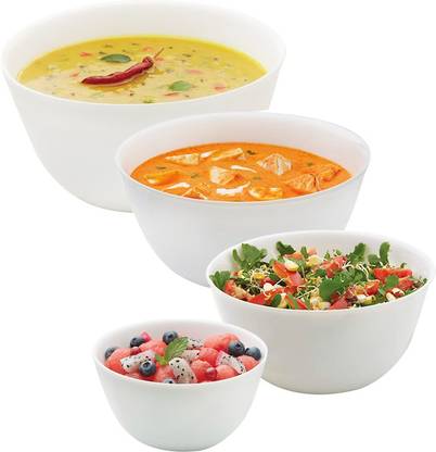 BOROSIL Opalware Serving Bowl Set of 4 (500ml, 750ml, 1Ltr, 1.5Ltr) Opal Glass Mixing Serving Bowl Microwave Dishwasher Safe