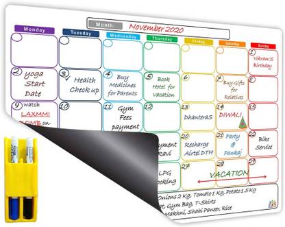 WishKraft Magnetic Monthly Planner Dry Erase Whiteboard Sheet with Markers & Duster Magnetic Note Pads Pack of 1
