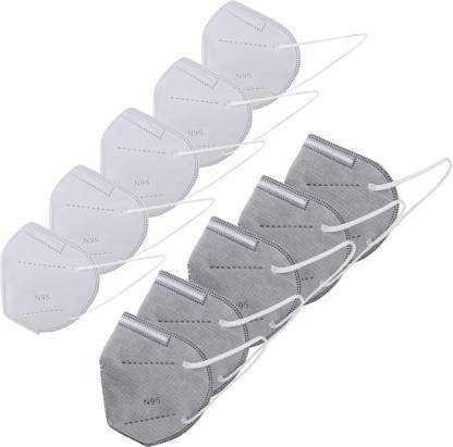 V-NOX ( PACK OF 10 ) N95 & KN95 5-LAYER ANTI - POLLUTION, ANTI - VIRUS BREATHABLE, WITHOUT RESPIRATOR, PREMIUM QUALITY WITH MELT BLOWN FABRIC FULL OF SAFETY FACE MASK N95 5-LAYERS INNER NOSE PIN 10 GREY & WHITE N-95 PREMIUM MASK Reusable, Washable