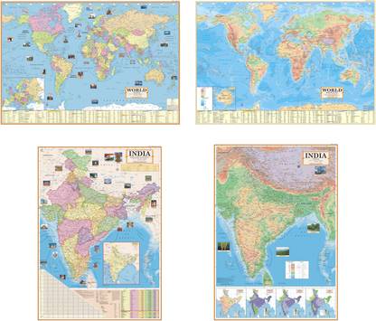 INDIA & WORLD MAP (POLITICAL and PHYSICAL MAP) ( PACK OF 4 ) : All map size : 70 X 100 cm ( 28 X 40 inch ) : PAPER PRINT ( COMBO FO 4 ) Paper Print
