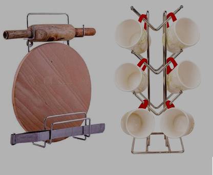 Shengshou Chakla/Belan Kitchen Rack Steel Stainless Steel combo offer (Only Stand) Chakla Belan Stand Rolling Pin Hanger Heavy Hook Hanging Holder And Heavy Stainless Steel Tea Cup Stand Coffee Cup Holder for Kitchen Dining Showcase Milk Mug Holder Stand - V Shape (12 Hooks) Made in India