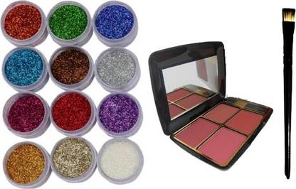 Glamezone Eye Shadow Glitter Powder Set With Blusher in 4 Color & Eyeshadow Brush