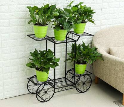 Giftoshopee Metal Cart Plant Holder Display Rack Shelf Stand, Black, Height - 75 cm, Breadth - 24 cm, Length - 70 cm Plant Container Set
