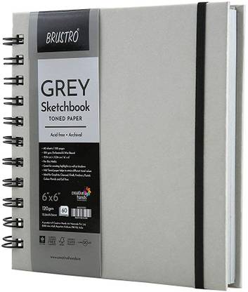 BRuSTRO Toned Paper - Grey Sketchbook, Wiro Bound, Size 6" x 6", 120GSM (60 Sheets) 120 Pages Sketch Pad