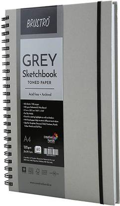BRuSTRO Toned Paper - Grey Sketchbook, Wiro Bound, Size A4, 120GSM (60 Sheets), 120 Pages Sketch Pad