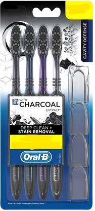 Oral -B With CHARCOAL EXTRACT - Deep Clean + Stain Removal ( Medium) - CAVITY DEFENSE : 4 Toothbrushes With Four Hygiene Caps Medium Toothbrush