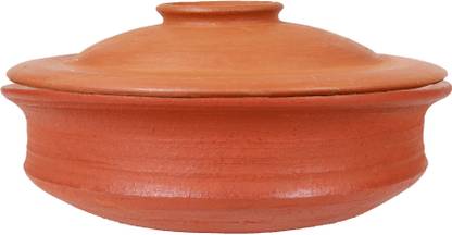 earthen fine crafts Hand made earthen pottery/clay handi/kadhai/ meen chatti with lid(red,2 liter, cooking & serving, pre-seasoned Gas Stove and Microwave ) Handi 2 L with Lid