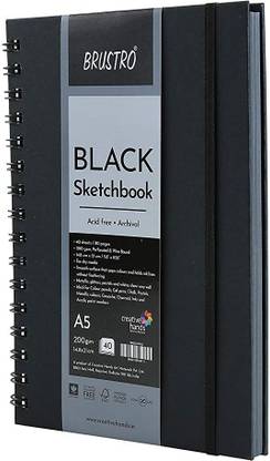 BRuSTRO Black Sketchbook, Wiro Bound, Size A5, 200GSM (40 Sheets) 80 Pages Sketch Pad