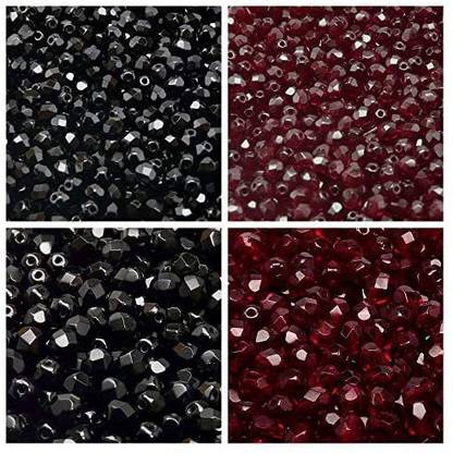 Jablonex Czech Fire-Polished Glass Beads Round4mm6mmJet Dark Ruby. Total 300 pcs. Set 2CFP 028 (4FP001 4FP104 6FP001 6FP080)