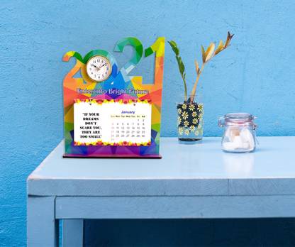 Chitransh WOODEN MDF TABLE TOP CALANDER 2021 WITH CLOCK 2021 Table Calendar