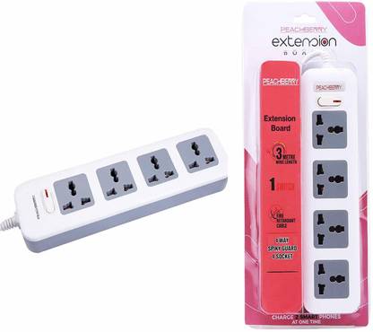PEACHBERRY Universal Extension Board with 4 Sockets, 3 metre Heavy Duty Cable 6 A Three Pin Socket