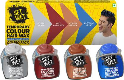 SET WET Temporary Colour Hair Wax Combo Pack, Gone in 1 Wash, No Bleach,No Alcohol & No Hair Whitening, Applicator Brush,Mystic Silver, Wild Burgundy, Copper Brown, Electric Blue Hair Wax