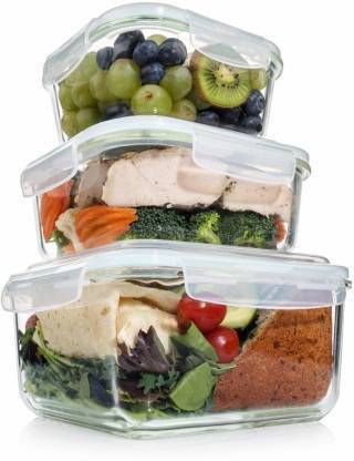 New Radhe airtight Food Storage Container and Lunch Box Set Glass, for Meal preps, Fridge Storage, Dinning Table Serves 3 Containers Lunch Box 3 Containers Lunch Box
