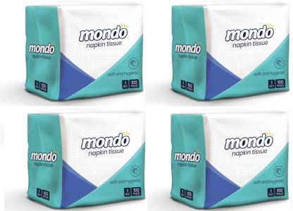Mondo 1 Ply Soft Napkin Tissue Paper, (Size - 30X30 cm) Pack Of 4 (100 Pulls (100 Piece in Per Pack) Napkins for Regular Use Party Use & Kitchen - Pack Of 4 White Paper Napkins