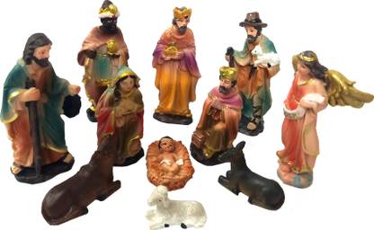 Elite 11 Piece Resin with Marble power Christmas Nativity Crib Set/Kudil Set Decoration with Baby Jesus, Mother Mary, Saint Joseph 3 King, Shepherd, Cow, Sheep, Donkey Separate Pieces 9 cm Pack of 11