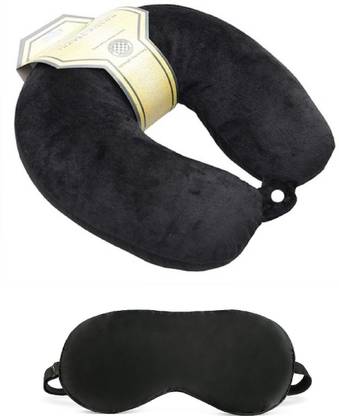 Royalkart Spungee Ultra Premium Quality Microbeads Travel Neck Pillow For Car Bus Train Flight Black Neck Pillow & Eye Shade