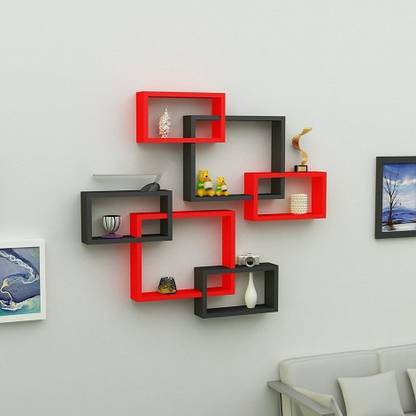 Fleurs De Rocaille Intersecting Floating Shelves - Storage Wall Shelves (Black Red) Special Metallic Pains Wall Decoration Intersecting Floating Shelves (Black and Red) -Set of 6(42 x 35 x 22) cm Wooden Wall Shelf