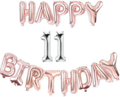 Bal samrat Solid Solid Happy Birthday Rose Gold Foil Balloon with 11 Number Silver Foil Balloon Letter Balloon