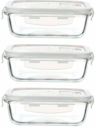 Femora Borosilicate Glass Microwave Safe Rectangle Food Storage Container with Air Vent Lid, 400 ml, Set of 3 3 Containers Lunch Box