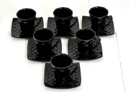 Bobby Designs Pack of 12 Ceramic Ceramic Designer Black Cup Saucer Set of 6, (Square Saucer)