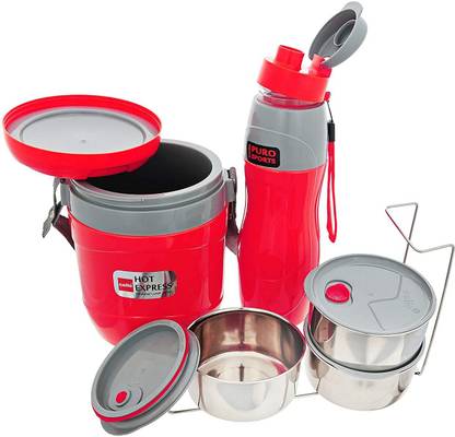 cello Lunch Express Insulated Tiffin & Water Bottle, 2 PCS Set, RED 3 Containers Lunch Box