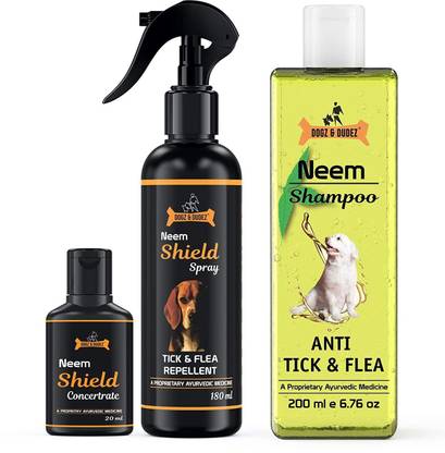 DOGZ & DUDEZ Shield Spray - Tick Flea Treatment for Dogs, Puppies, Cats with a Proprietary Ayurvedic Medicine, Lemongrass Destroy Insect Parasites - Dog Combo Pack of 200 ml Shampoo and 200 ml Flea and Tick Neem Dog Shampoo