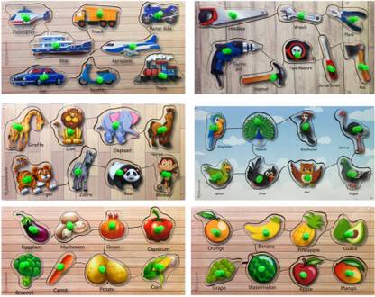 Khilonewale Wooden Puzzles Set , Transport, Tools, Vegetables, Fruits, Animal, Birds Educational Puzzle with knobs ,Learning Aid for Boys and Girls, Kids, Students ,Size 27*14 cm