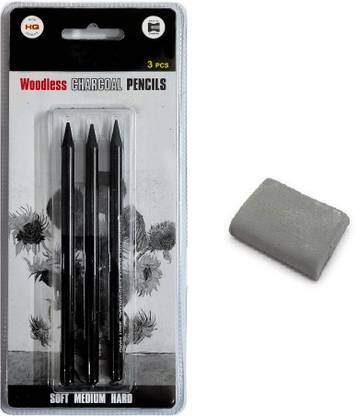 Definite Woodless Charcoal Pencil - Hard Medium and Soft (Pack of 3) and One Kneadable Eraser for Charcoal and Pastel Pencils; Ideal Drawing set for Students, Professionals, Artists
