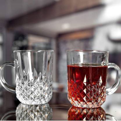 kriyash Pack of 1 Glass Tea Coffee Mug with Large Handle Fine Diamond Cut Design Transparent Glass